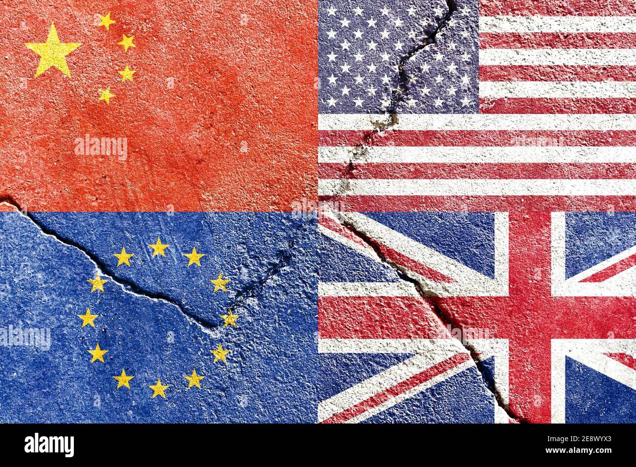 Closeup of USA, China, EU, and UK flags on weathered and cracked wall background Stock Photo