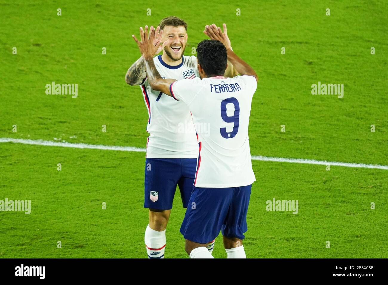 Orlando, Florida, USA, January 31, 2021, USA players Paul Arriola #7 and Jesus Ferreira #9 celebrate goal during an International Friendly Match against Trinidad and Tobago.  (Photo Credit:  Marty Jean-Louis) Stock Photo