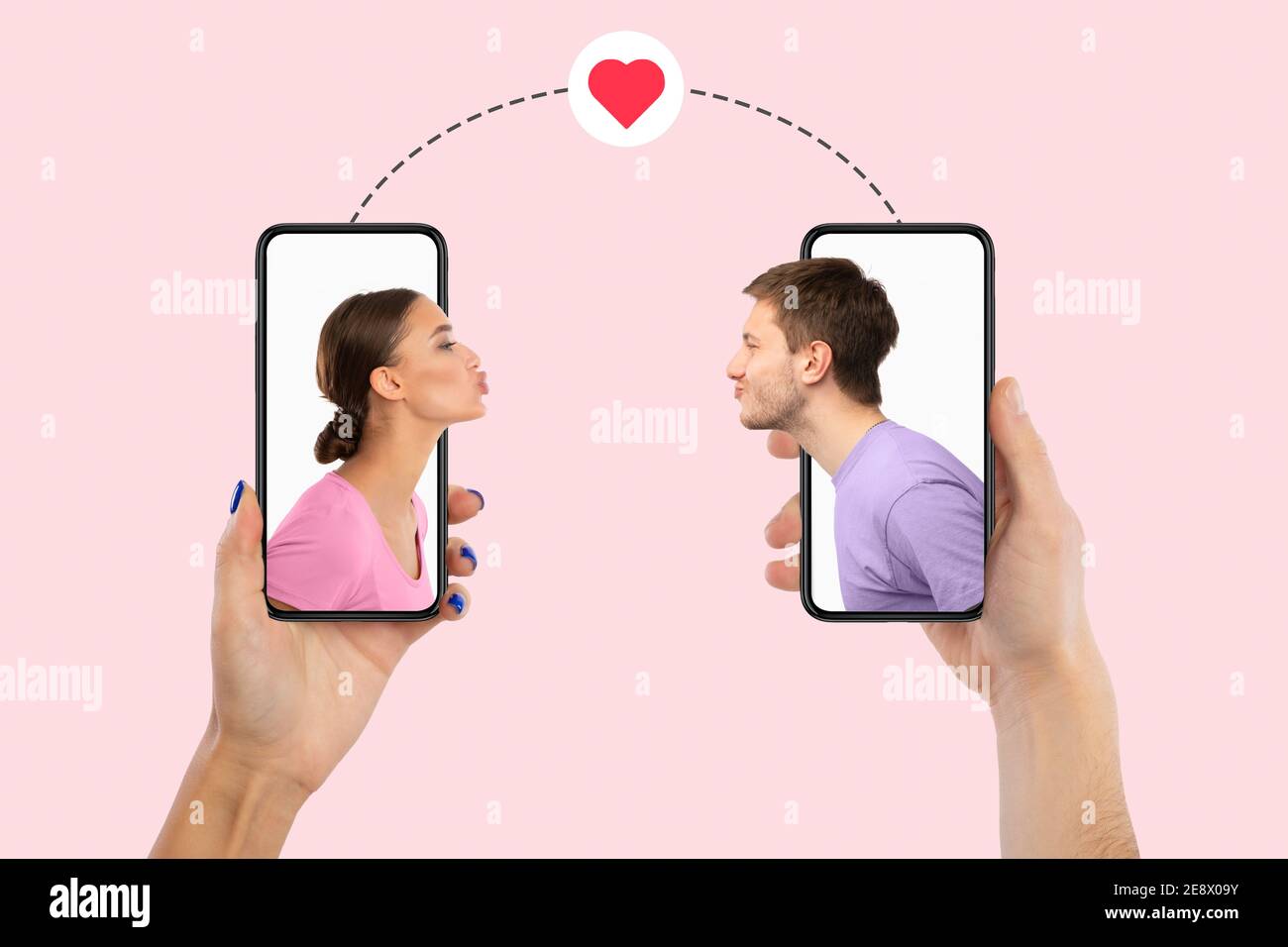 Young couple kissing using smartphones, creative collage Stock Photo