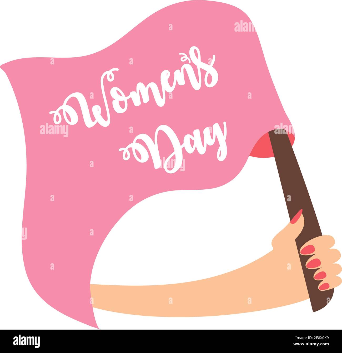 womens day, female hand holds flag with text in cartoon style vector ...