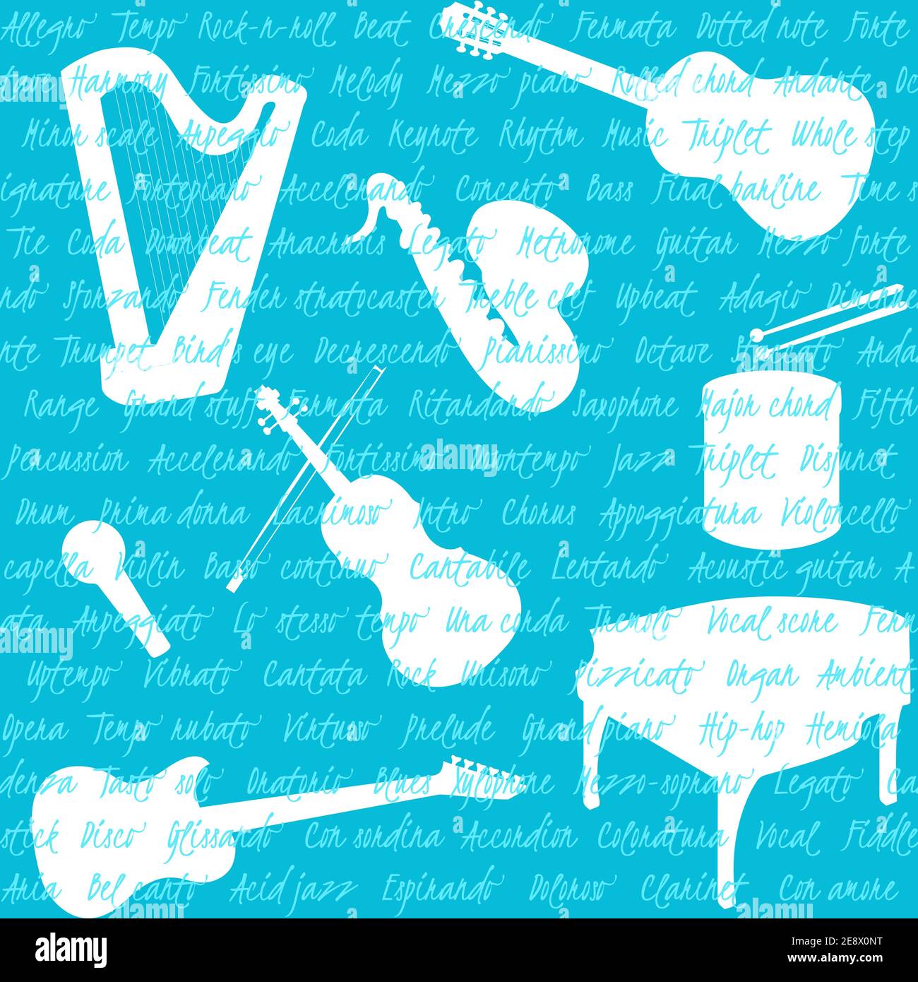 Seamless pattern with musical instruments silhouettes and text Stock Vector