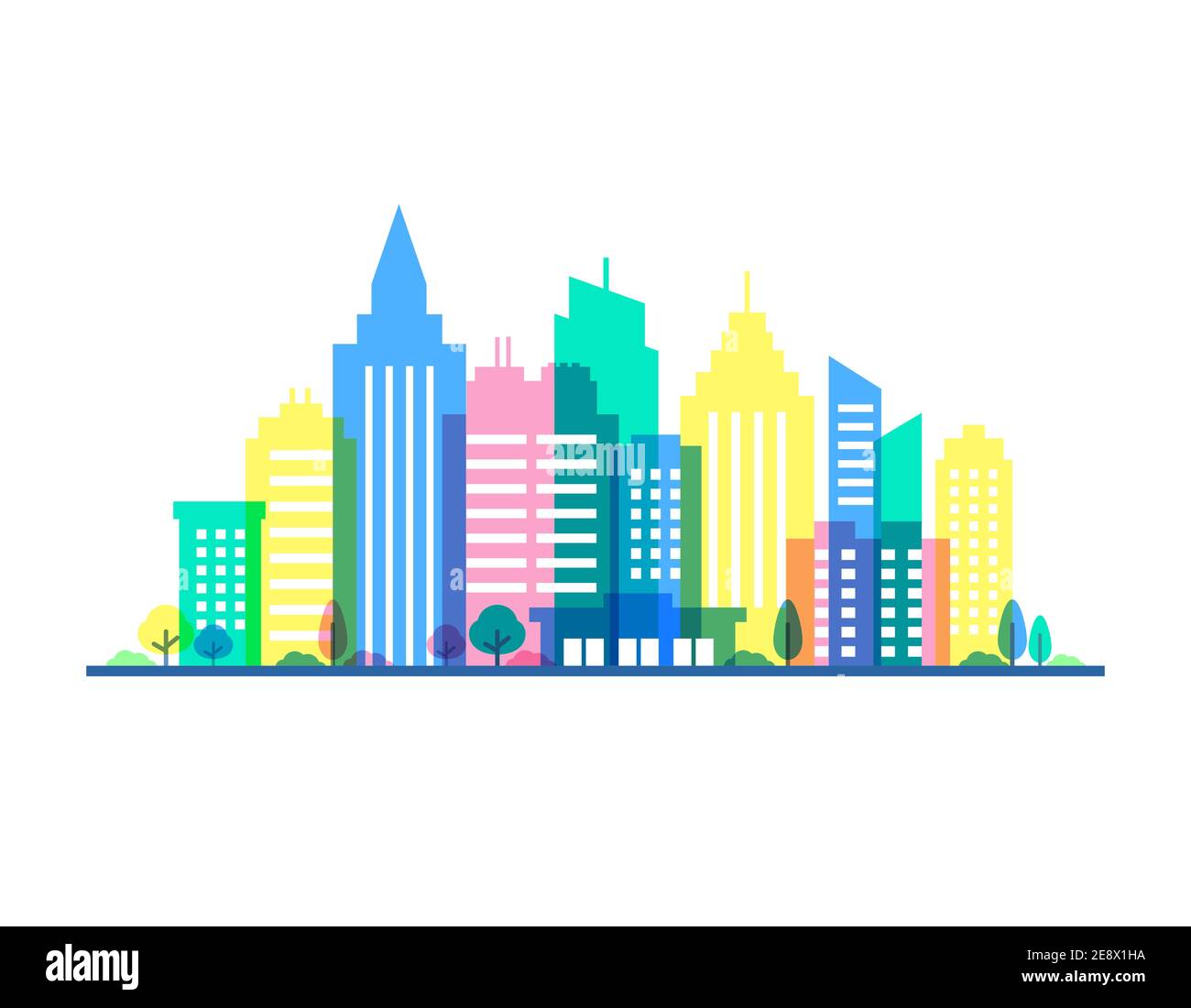 City illustration with punchy pastels colors. Flat style silhouettes of