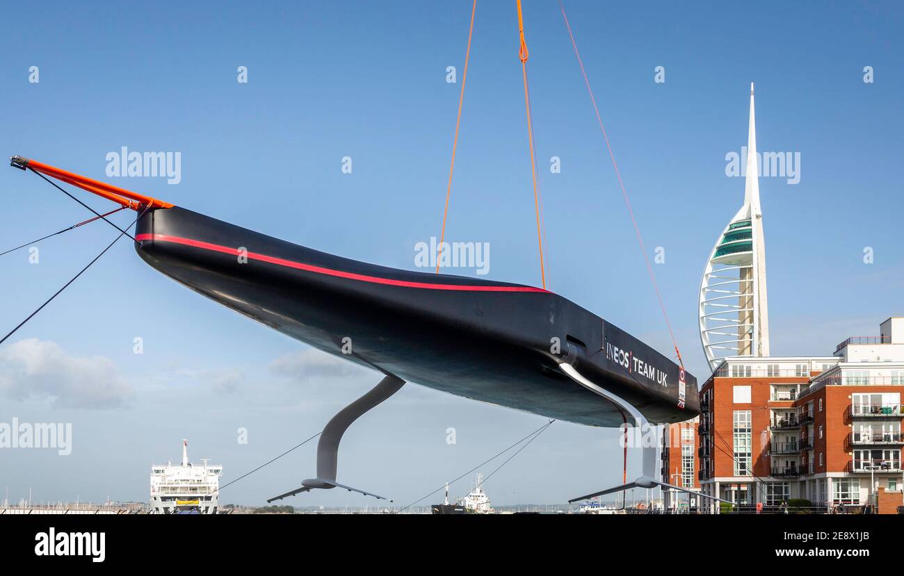 Britannia, INEOS TEAM UK's new AC75 yacht seen for the first time today at their HQ in Portsmouth.  Picture date Friday 4th October, 2019. Stock Photo