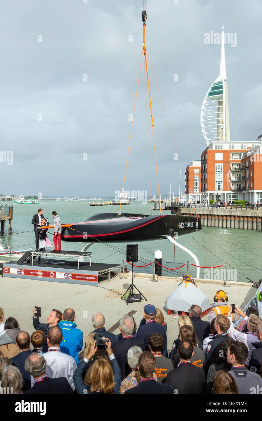 Britannia, INEOS TEAM UK's new AC75 yacht seen for the first time today at their HQ in Portsmouth.  Picture date Friday 4th October, 2019. Stock Photo