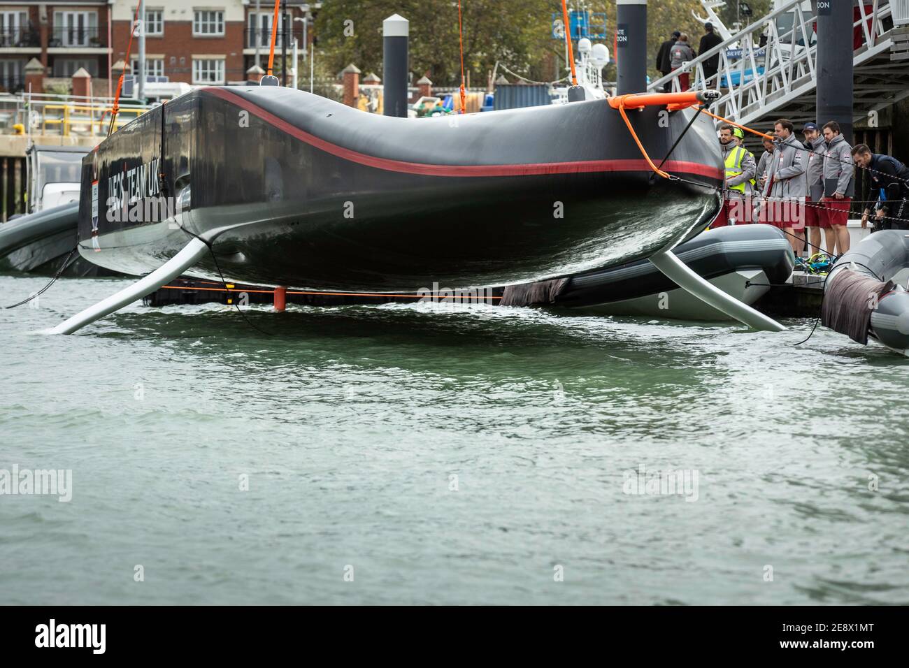 Britannia, INEOS TEAM UK's new AC75 yacht seen for the first time today at their HQ in Portsmouth.  Picture date Friday 4th October, 2019. Stock Photo