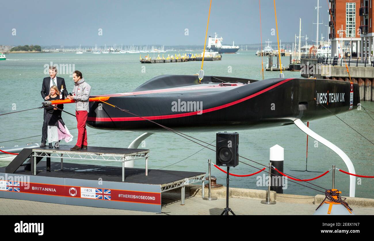 Britannia, INEOS TEAM UK's new AC75 yacht seen for the first time today at their HQ in Portsmouth.  Picture date Friday 4th October, 2019. Stock Photo