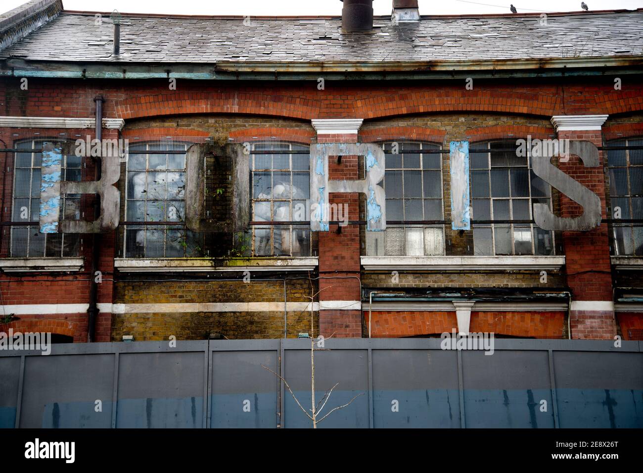 Hackney, London, UK. Derelict front of Boris bags factory, Hertford