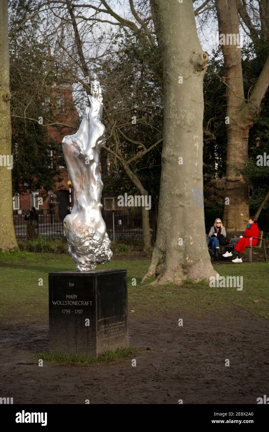 Hackney, London, UK. Winter. Newington Green. Statue of Mary Woolenscraft by Maggi Hambling Stock Photo