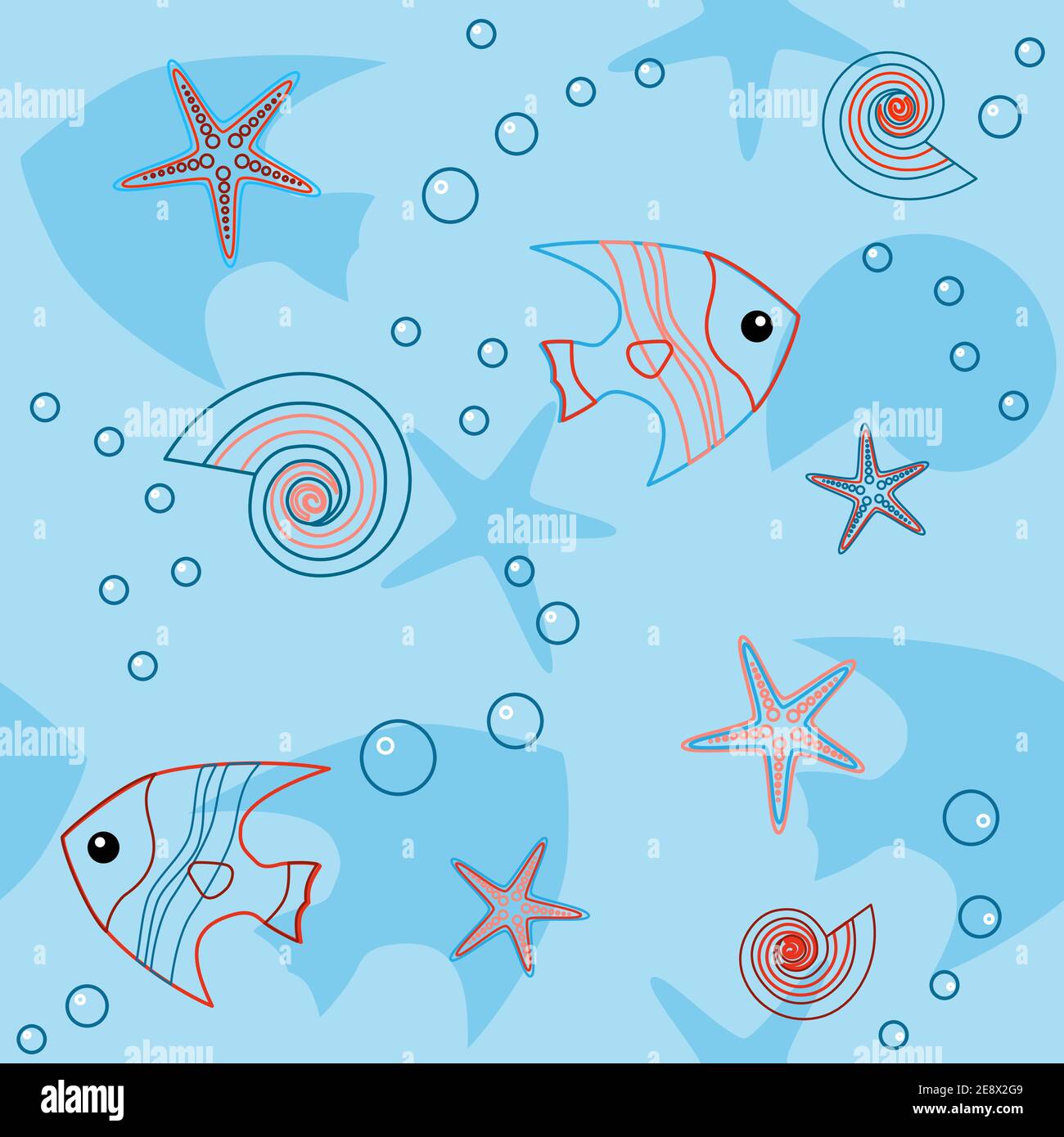Seamless pattern with fish, shells and seastars Stock Vector