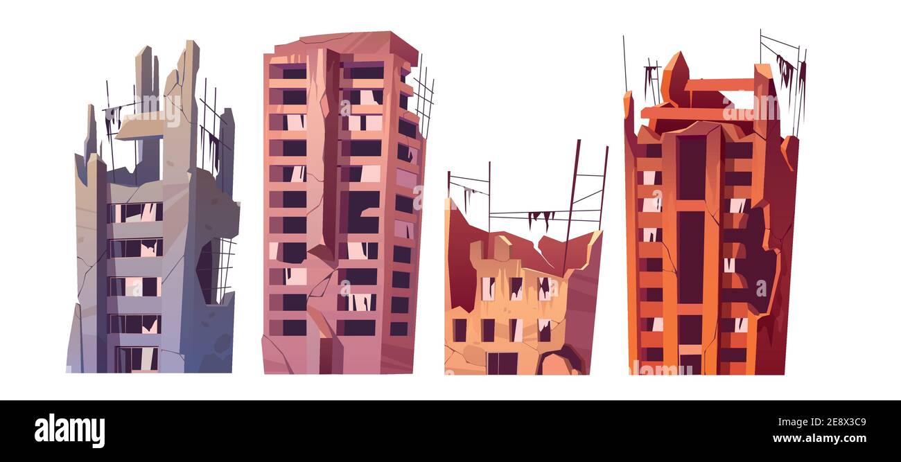 Destroyed City Buildings After War Or Natural Disaster Vector Cartoon Set Of Abandoned Broken Houses Isolated On White Background Derelict Town Ruin Stock Vector Image Art Alamy