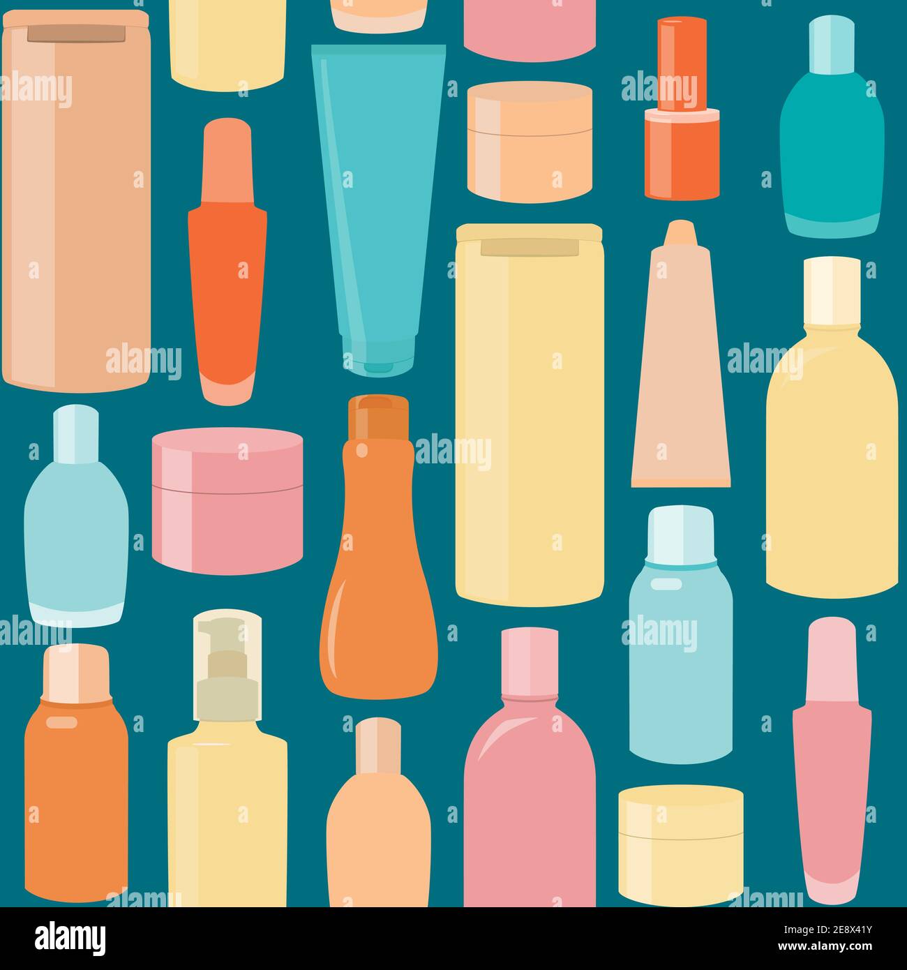 Bright seamless pattern with cosmetic bottles over blue Stock Vector
