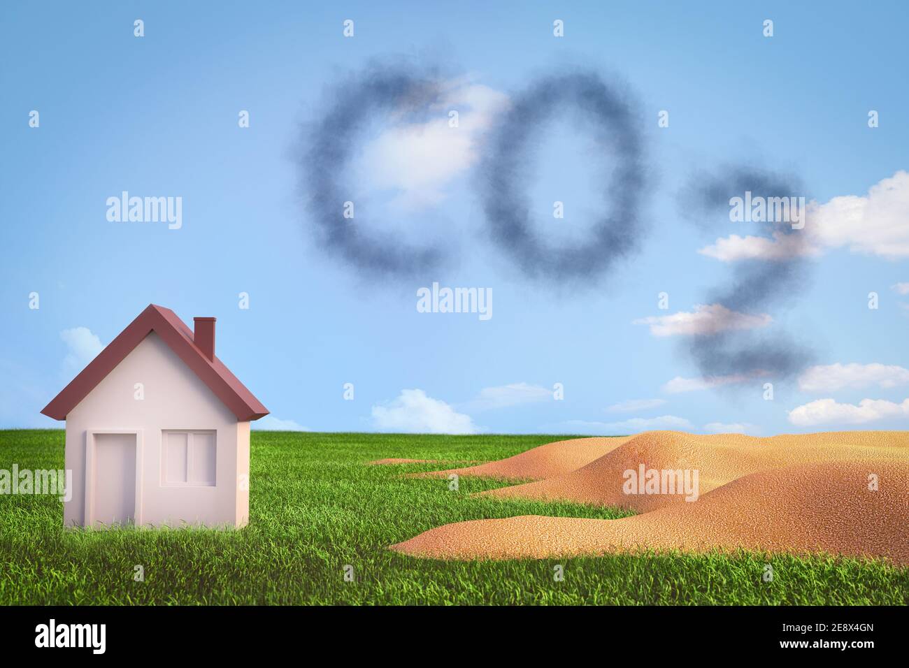Carbon dioxide and greenhouse effect concept. CO2 written in smoke letters under a house in a green meadow with approaching sands. 3D illustration Stock Photo