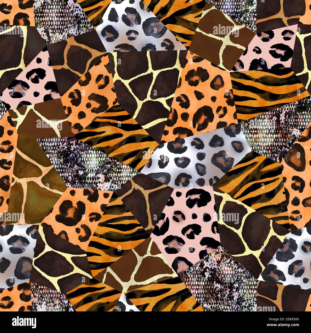Trendy imitation sewn pieces of fabric in patchwork style. Watercolour hand drawn modern collage seamless pattern. Safary texture with animals print o Stock Photo - Alamy Trendy imitation sewn pieces of fabric in patchwork style. Watercolour hand drawn modern collage seamless pattern. Safary texture with animals print o Stock Photo - Alamy