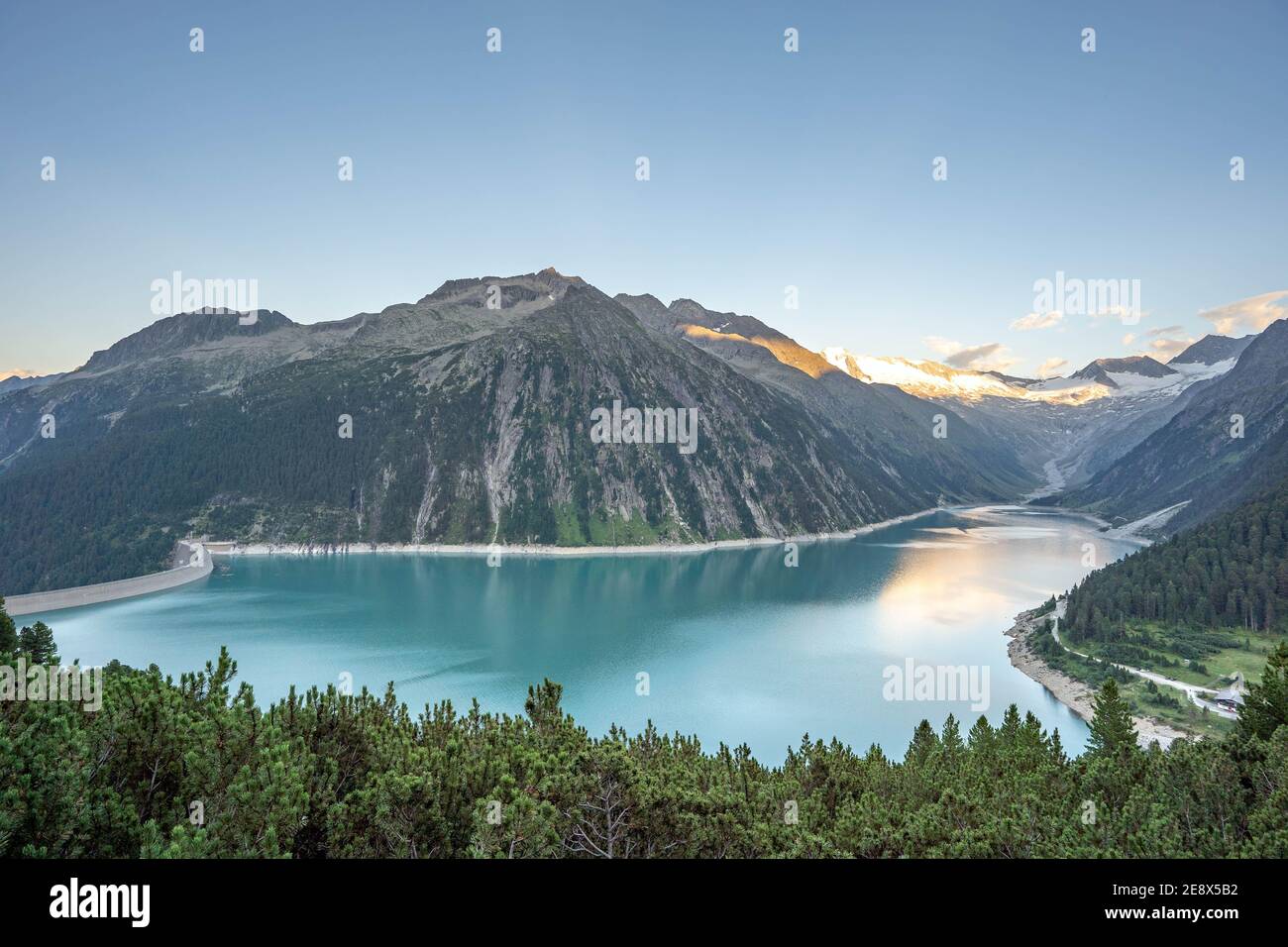 Downward view of Schlegeisspeicher glacier reservoir in zillertal in Austria Stock Photo