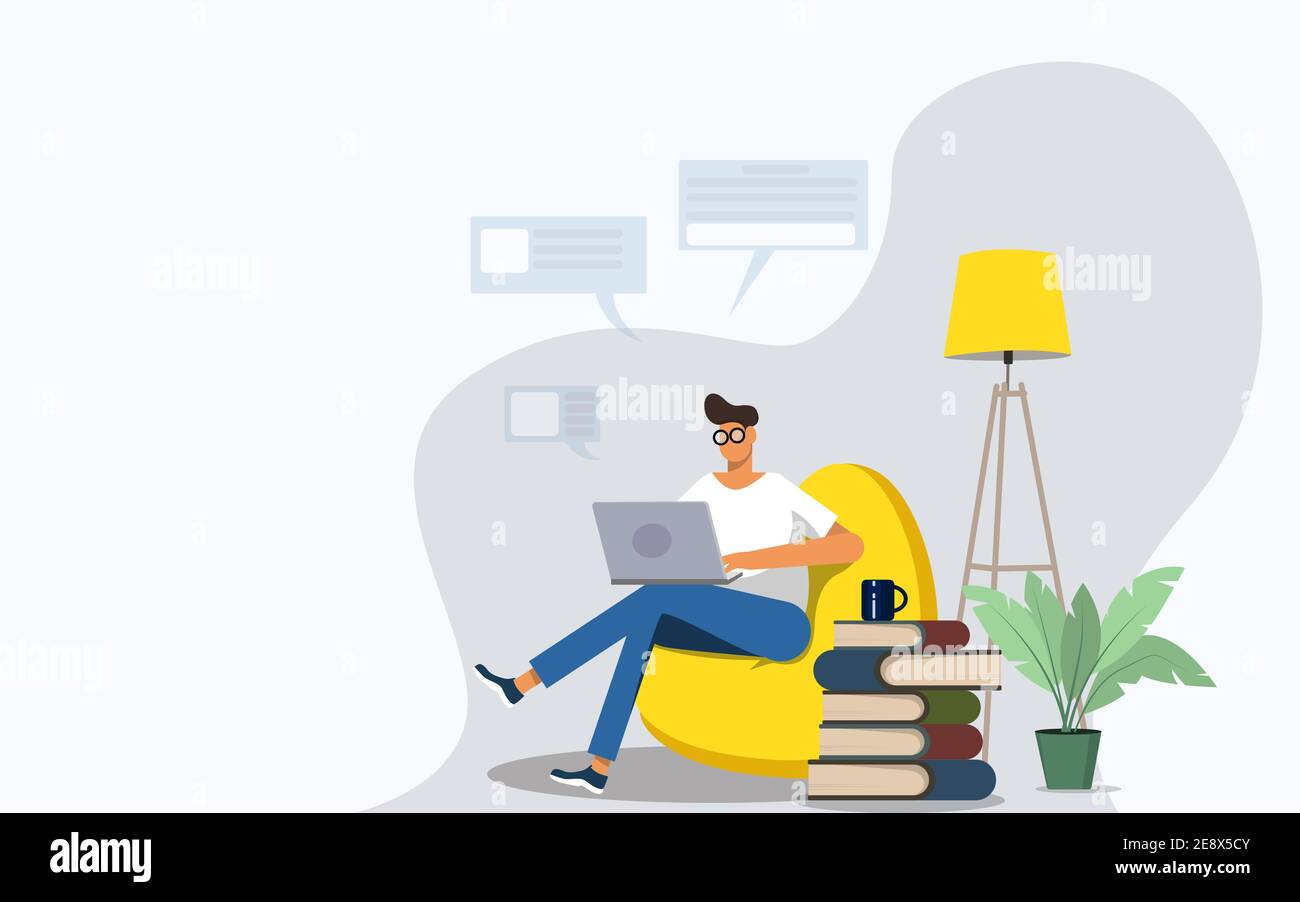 Freelance worker. Man works comfortably on a laptop at home in a chair. Freelance male character, comfortable workspace in home office. Work from home Stock Vector