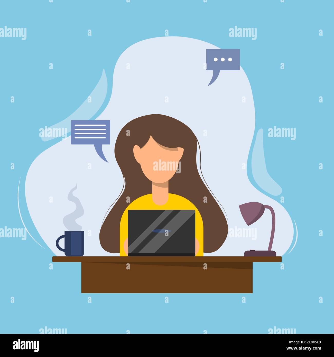 Office woman in front of a table with a laptop. Business woman working at her office desk. office worker, entrepreneur, performs work on the computer Stock Vector