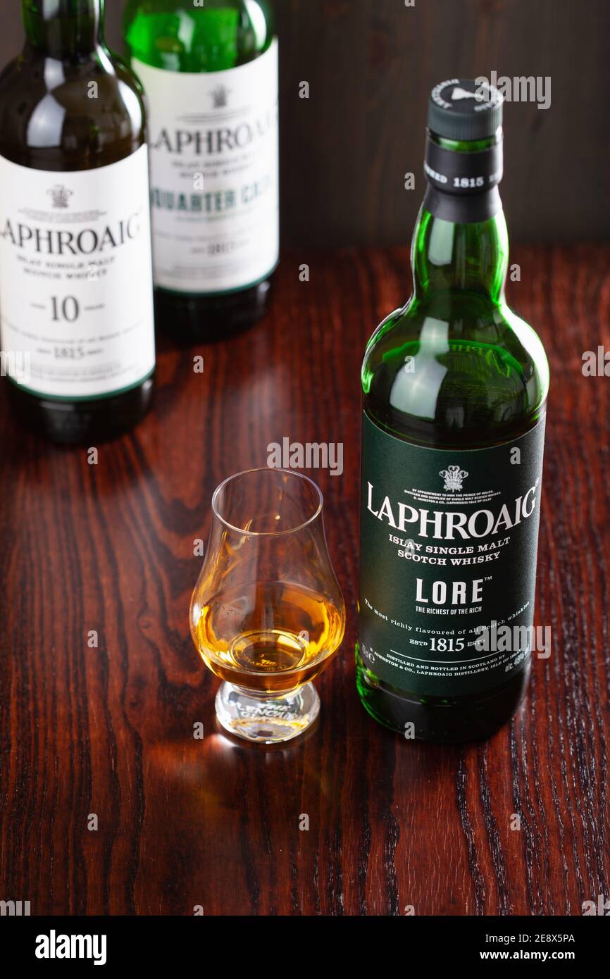 Trondheim, Norway Mai 18 2020 Laphroaig single malt scotch whisky 10 years, quarter cask