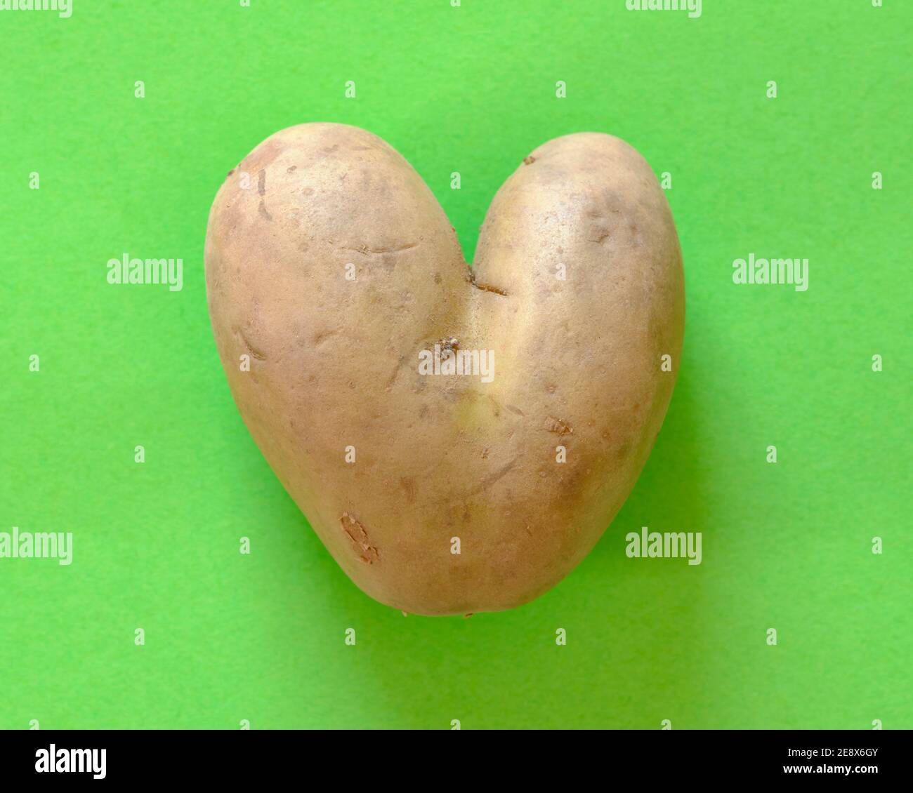 Heart shaped misshapen potato on green Stock Photo
