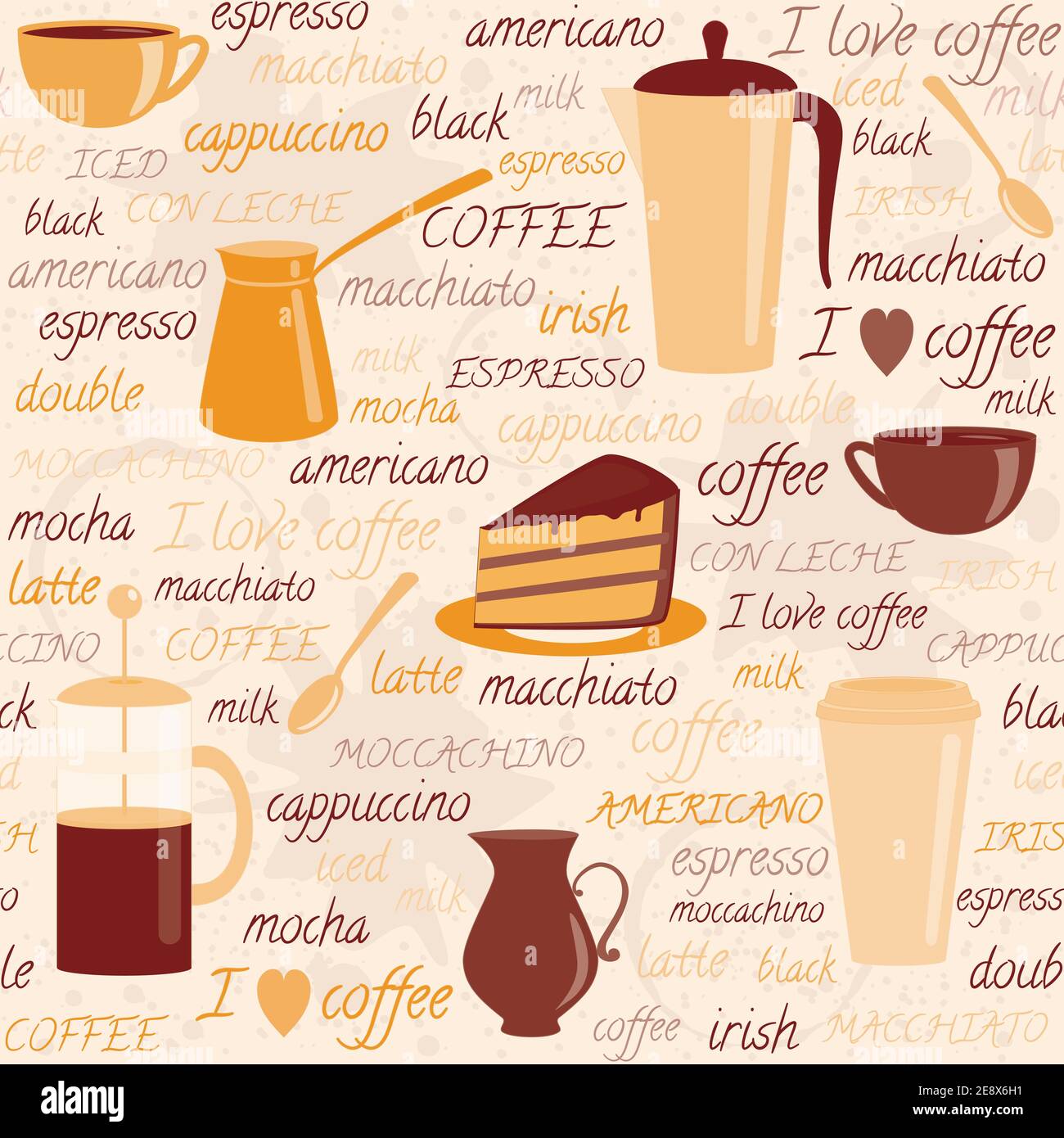 Seamless pattern with coffee items and colorful text Stock Vector