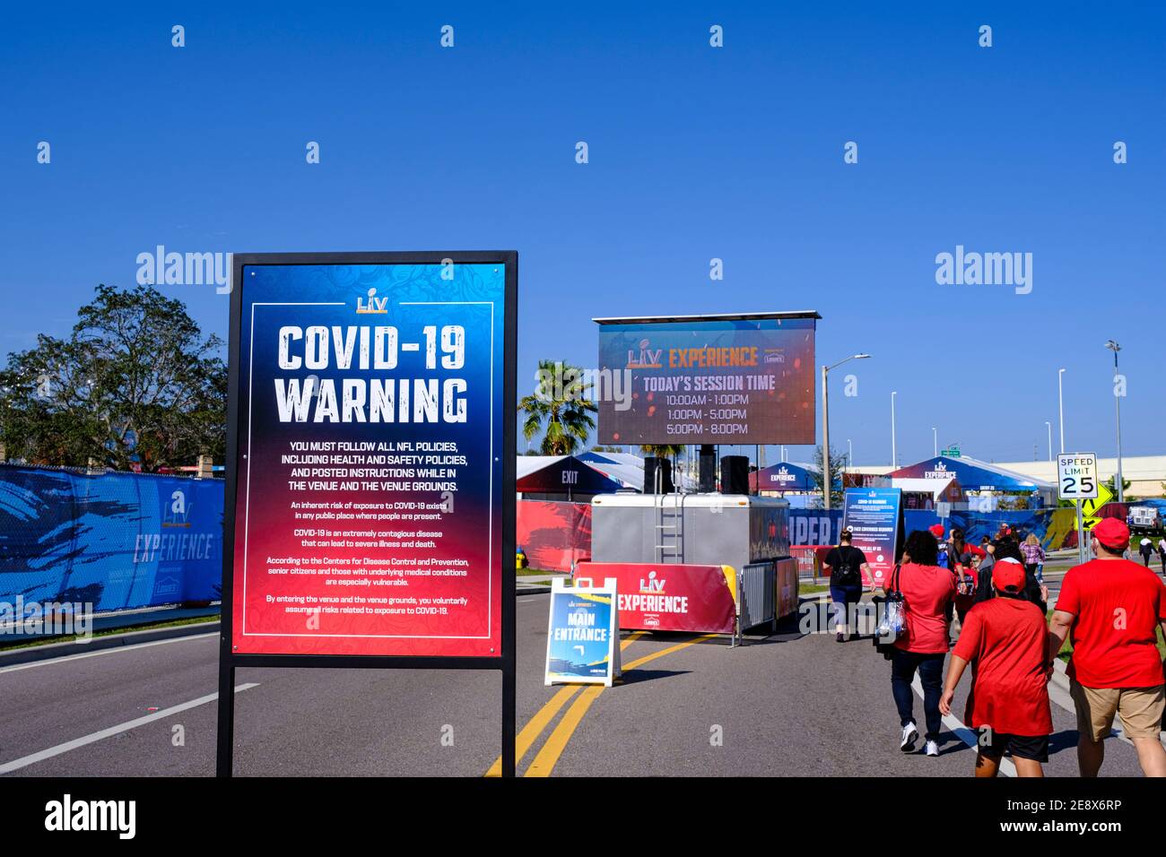 COVID-19 waring at entrance to NFL Experience - Super Bowl LV (55) Tampa, Florida Stock Photo