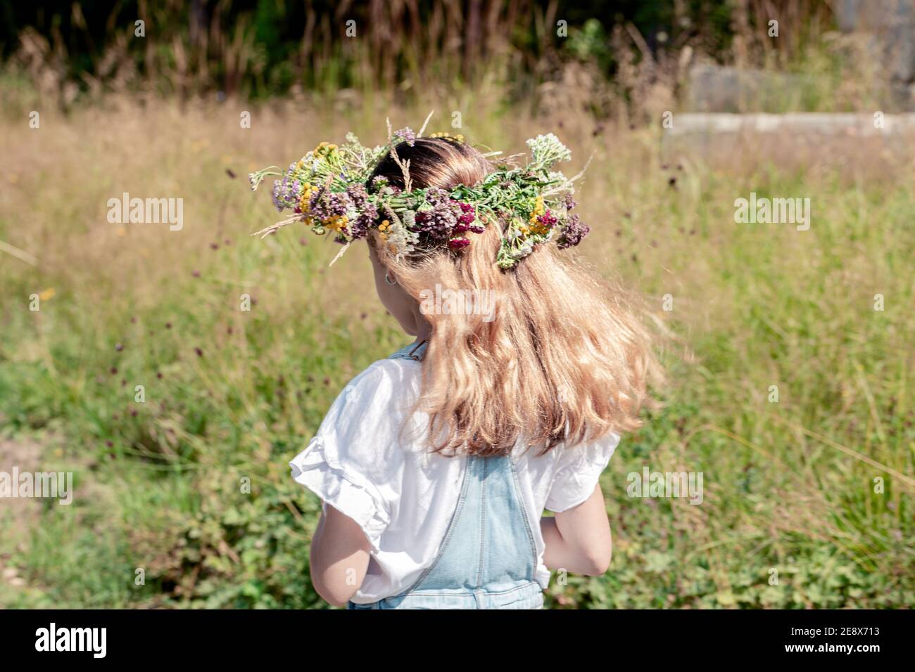 Summer portrait of a beautiful girl. Cute girl in a wreath of wildflowers on her head. Back view Stock Photo