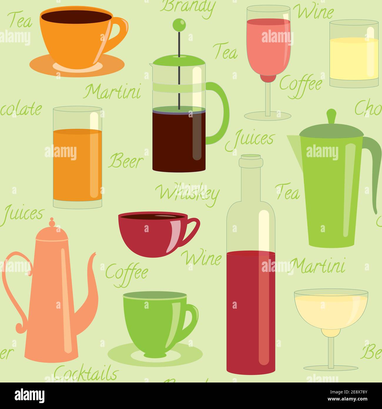 Seamless pattern with different drinks and text Stock Vector