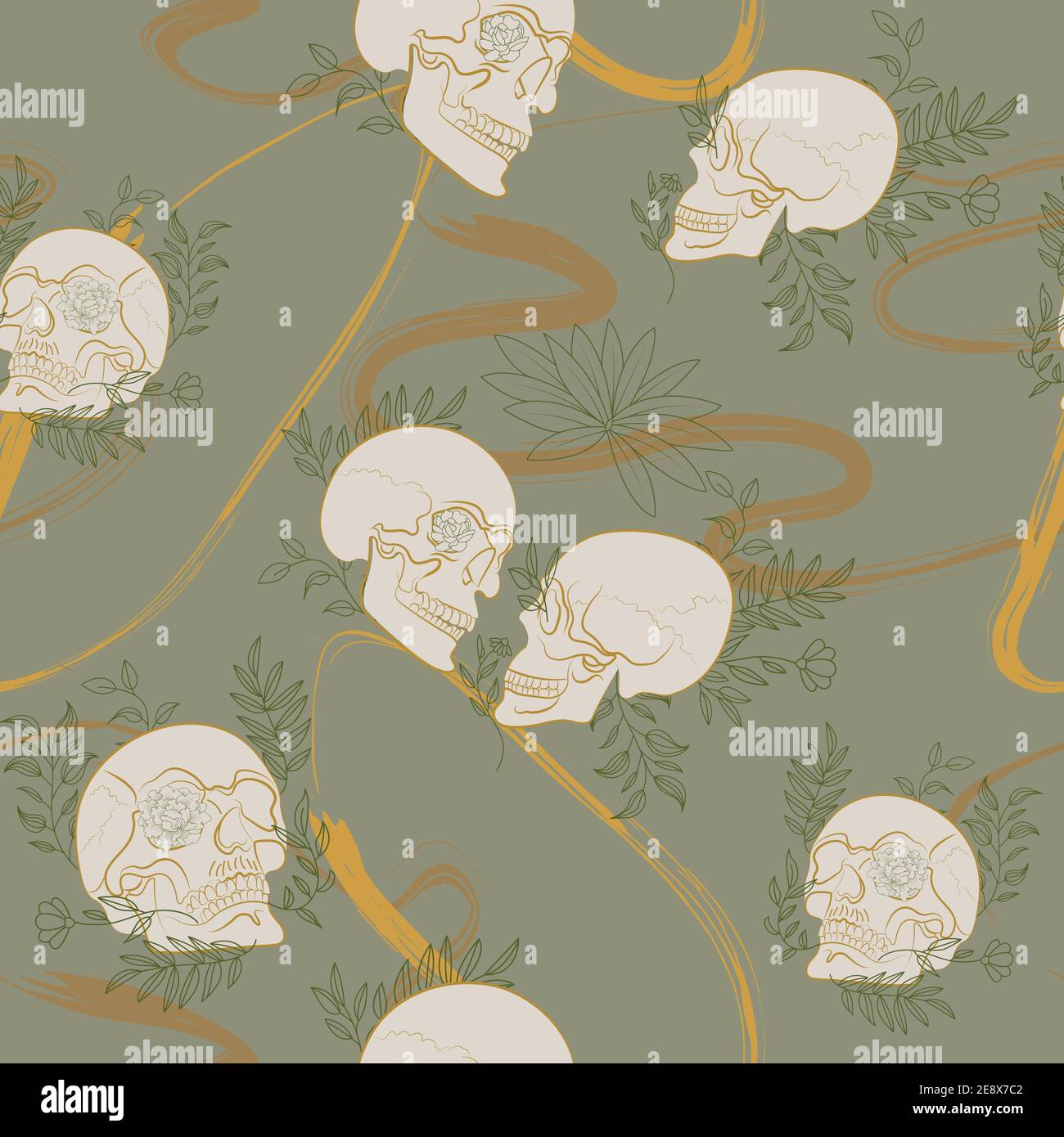 Seamless Pattern with skull and plant Stock Vector