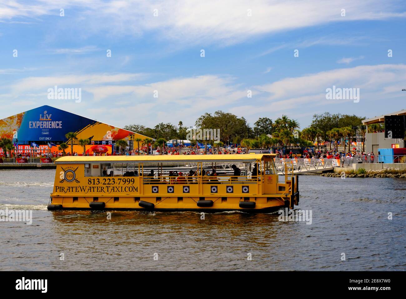 Pirate Water Taxi travelling past NFL Experience on the Hillsborough River - Super Bowl LV (55) Tampa, Florida Stock Photo