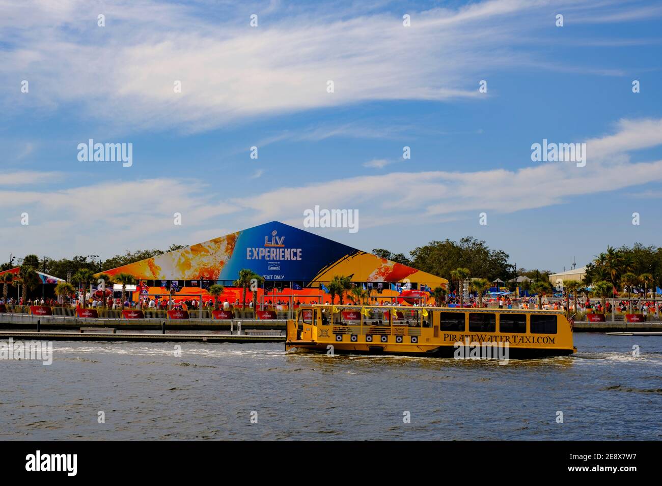 Pirate Water Taxi travelling past NFL Experience on the Hillsborough River - Super Bowl LV (55) Tampa, Florida Stock Photo