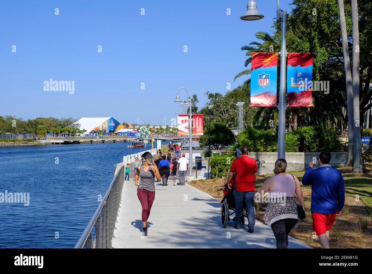NFL fans walking to the NFL Experience on the Tamp Riverwalk- Super Bowl LV (55) Tampa, Florida Stock Photo