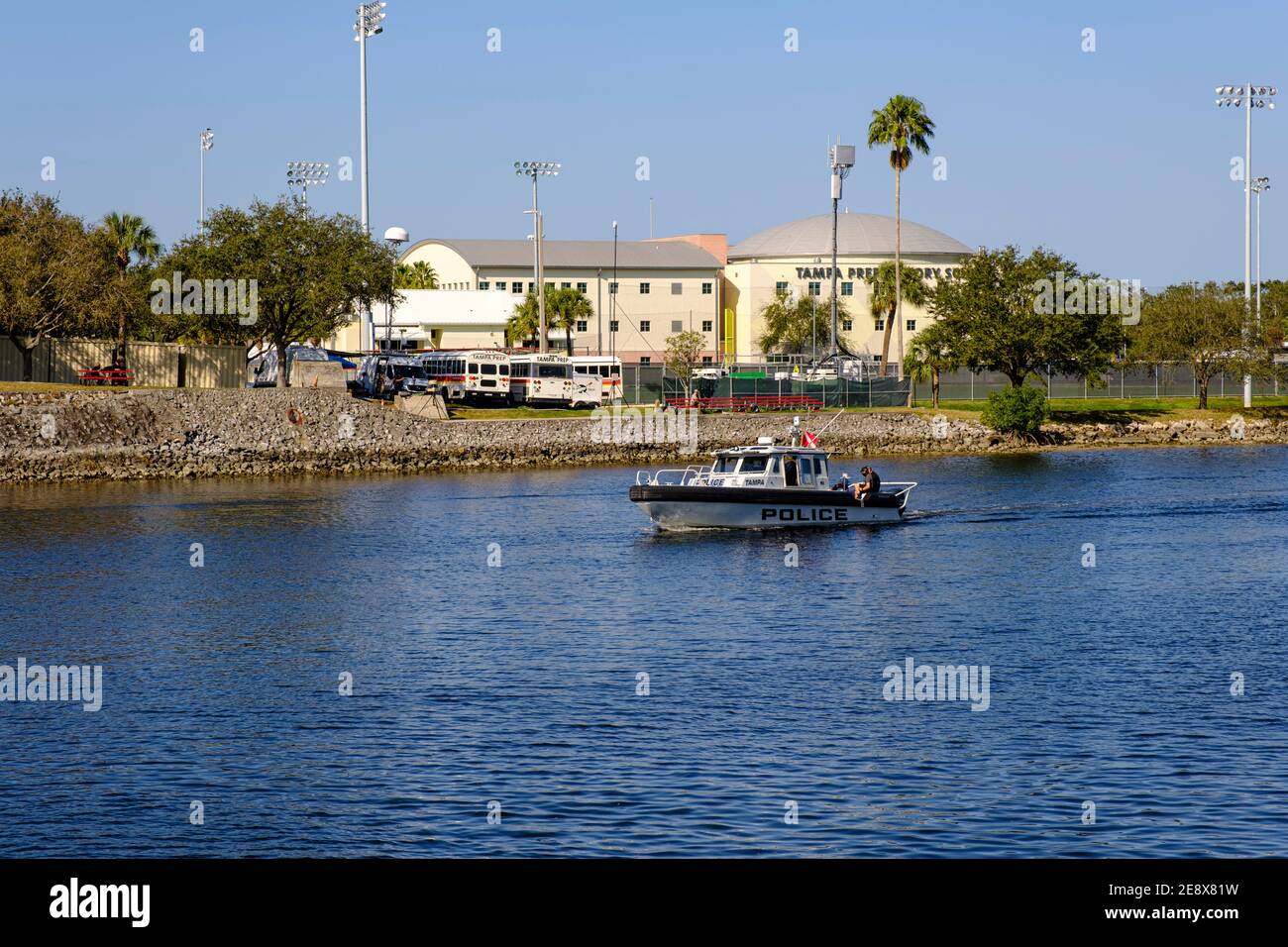 Police patrolling the Hillsborough River- Super Bowl LV (55) Tampa, Florida Stock Photo