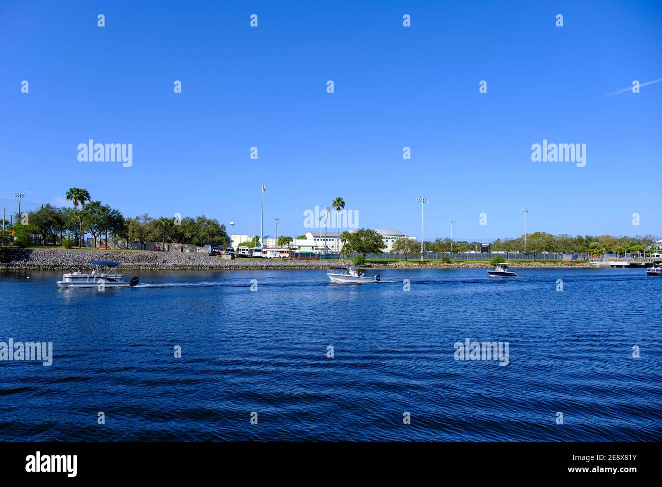 Boats going down the Hillsborough River during the NFL Experience - Super Bowl LV (55) Tampa, Florida Stock Photo