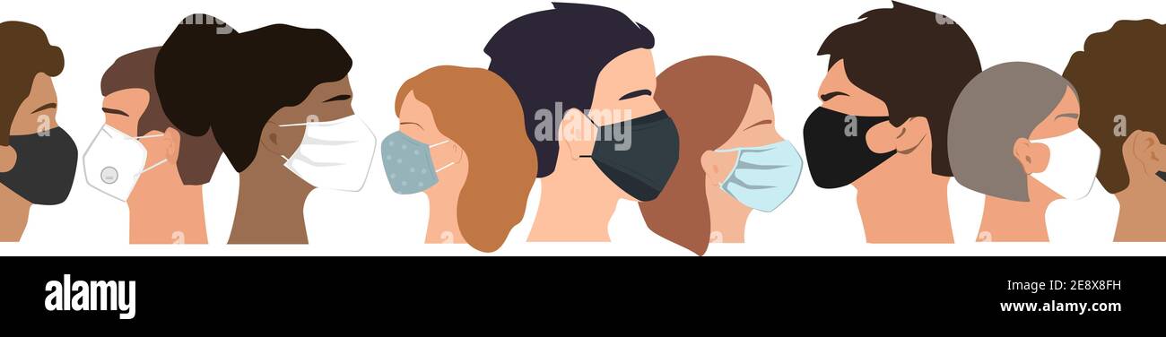 People set faces with medical masks, vector seamless border. Coronavirus prevention concept. Humans of different gender, ethnicity, and color. Stock Vector