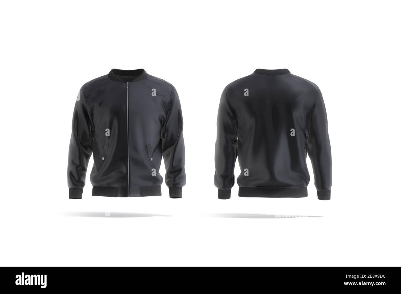 Blank black bomber jacket mockup, front and back view, 3d rendering