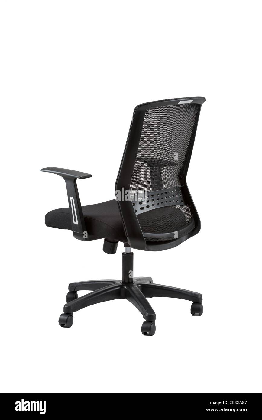 Vertical partial rear view of black office chair isolated on white ...