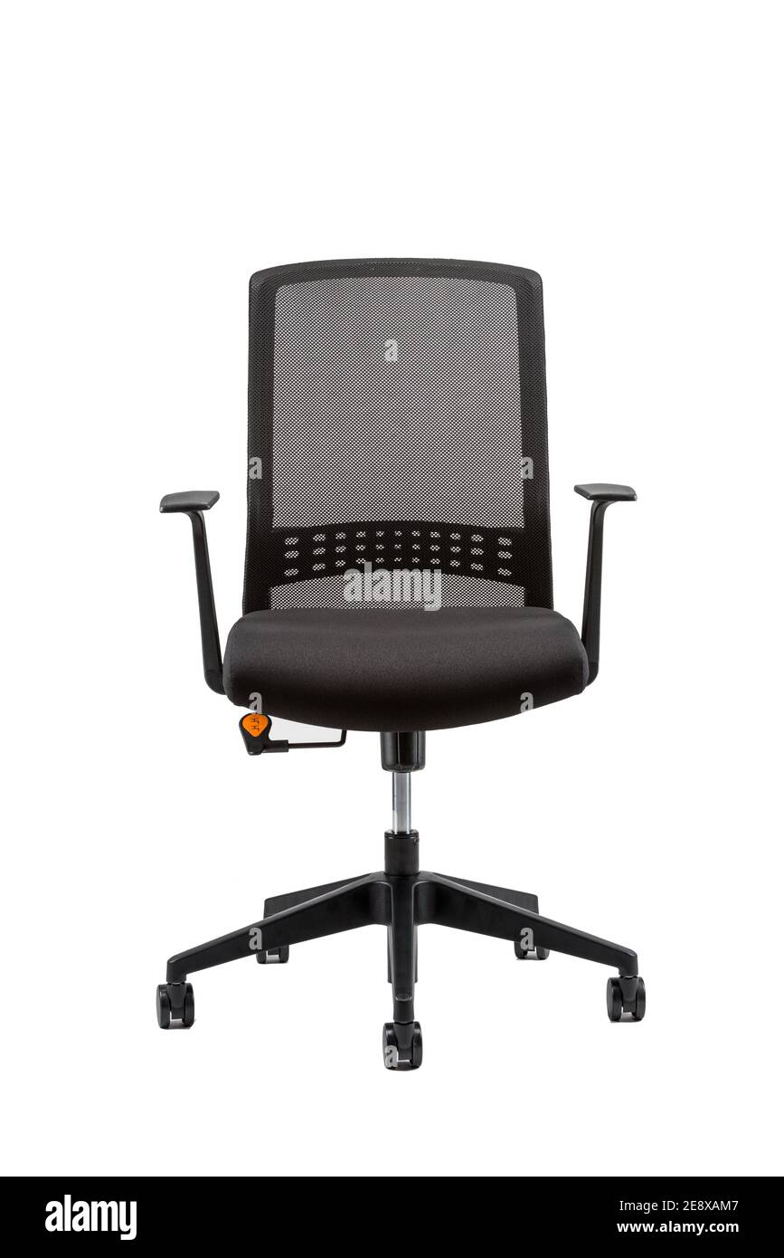 Vertical front view of black office chair isolated on white background