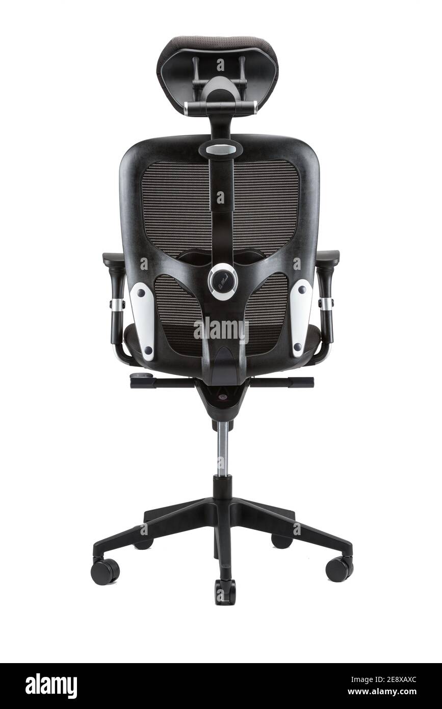 Vertical rear view of black office chair with headrest isolated on ...