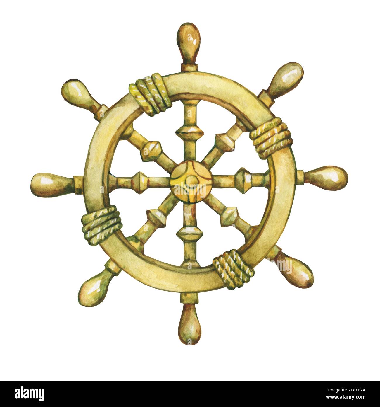 Illustration of old sailboat steering wheel. Hand drawn watercolor ...