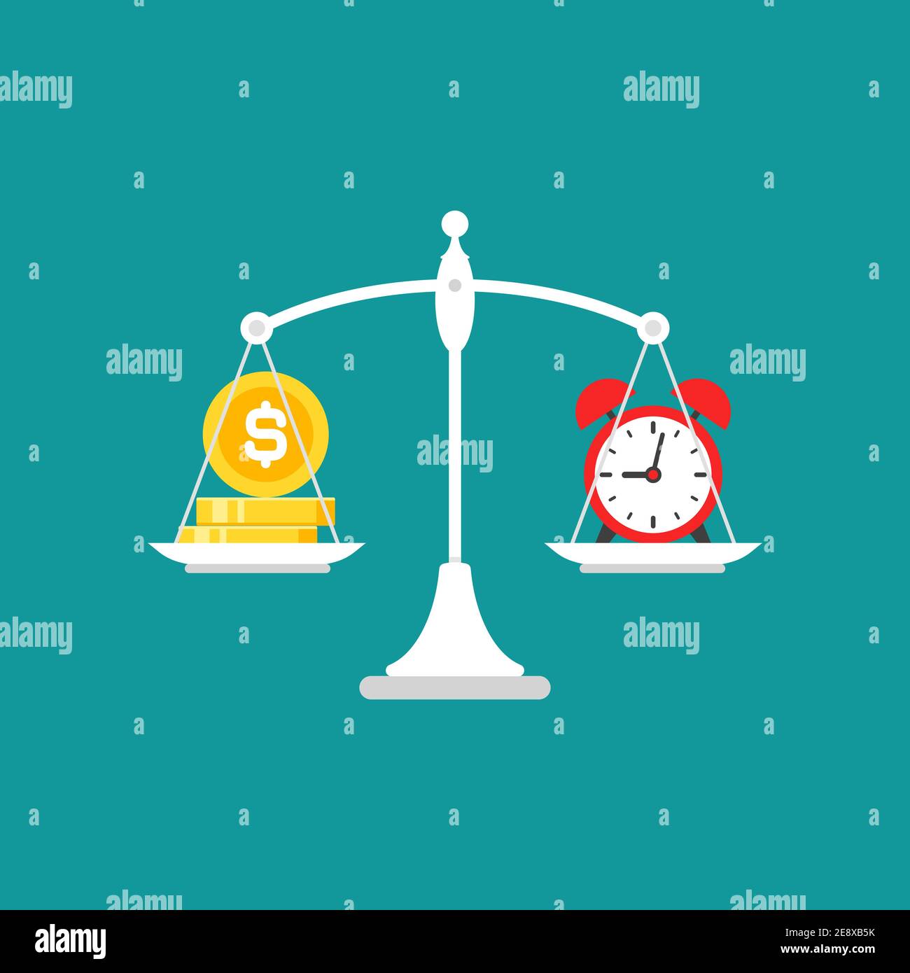 grey mechanical scales with dollar coin and alarm clock in pans. Time