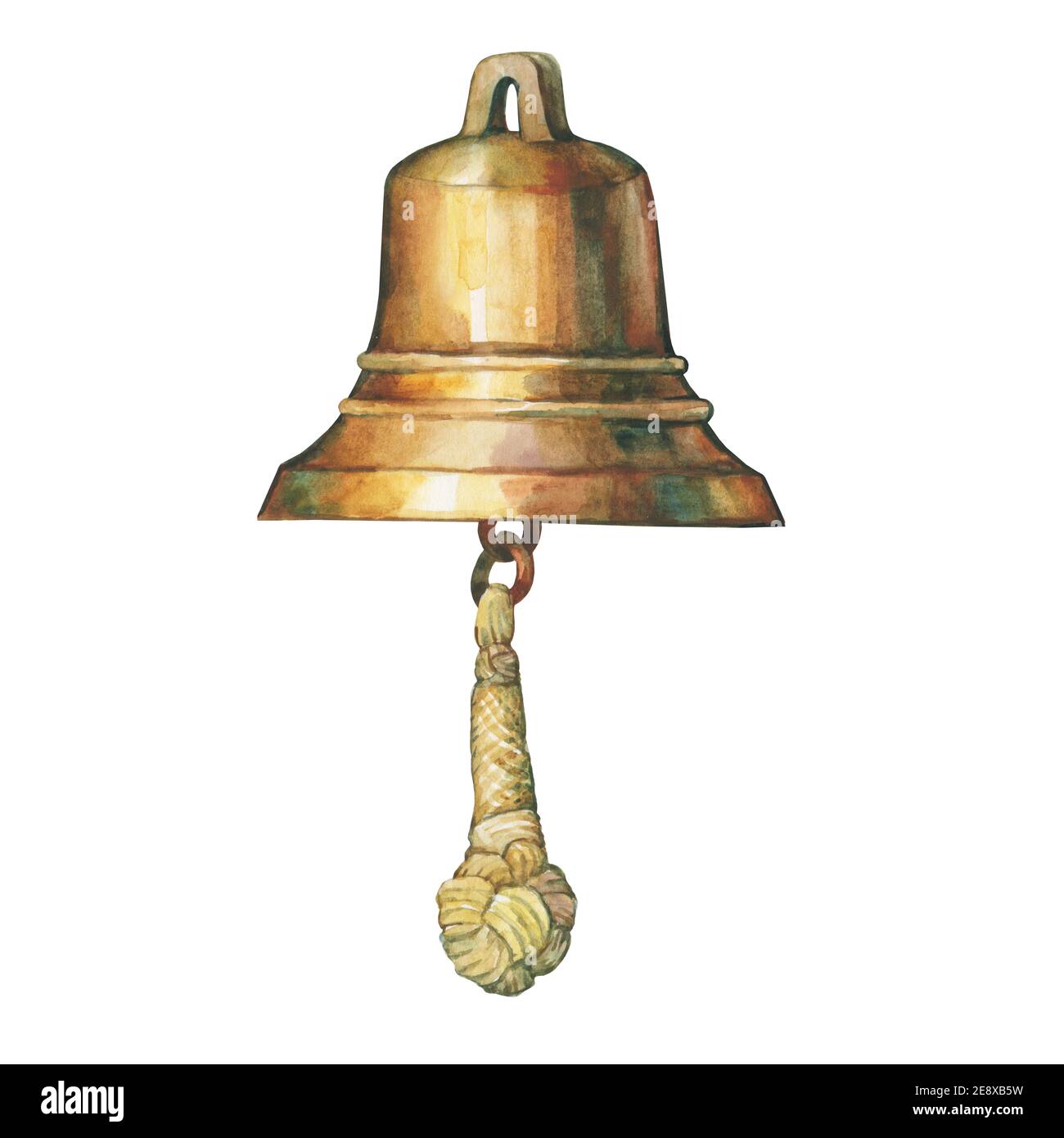 Illustration of old ship's bell. Hand drawn watercolor painting on white background. Stock Photo