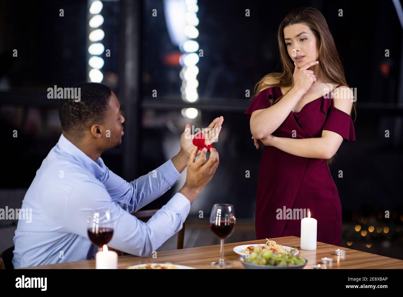 Black Man Begging Girlfriend To Marry Him Young Woman Hesitating With