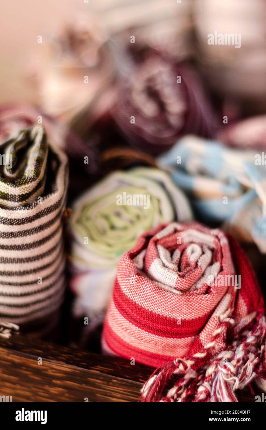 mixed traditional krama cotton scarf souvenirs detail on display at shop in angkor wat in cambodia Stock Photo