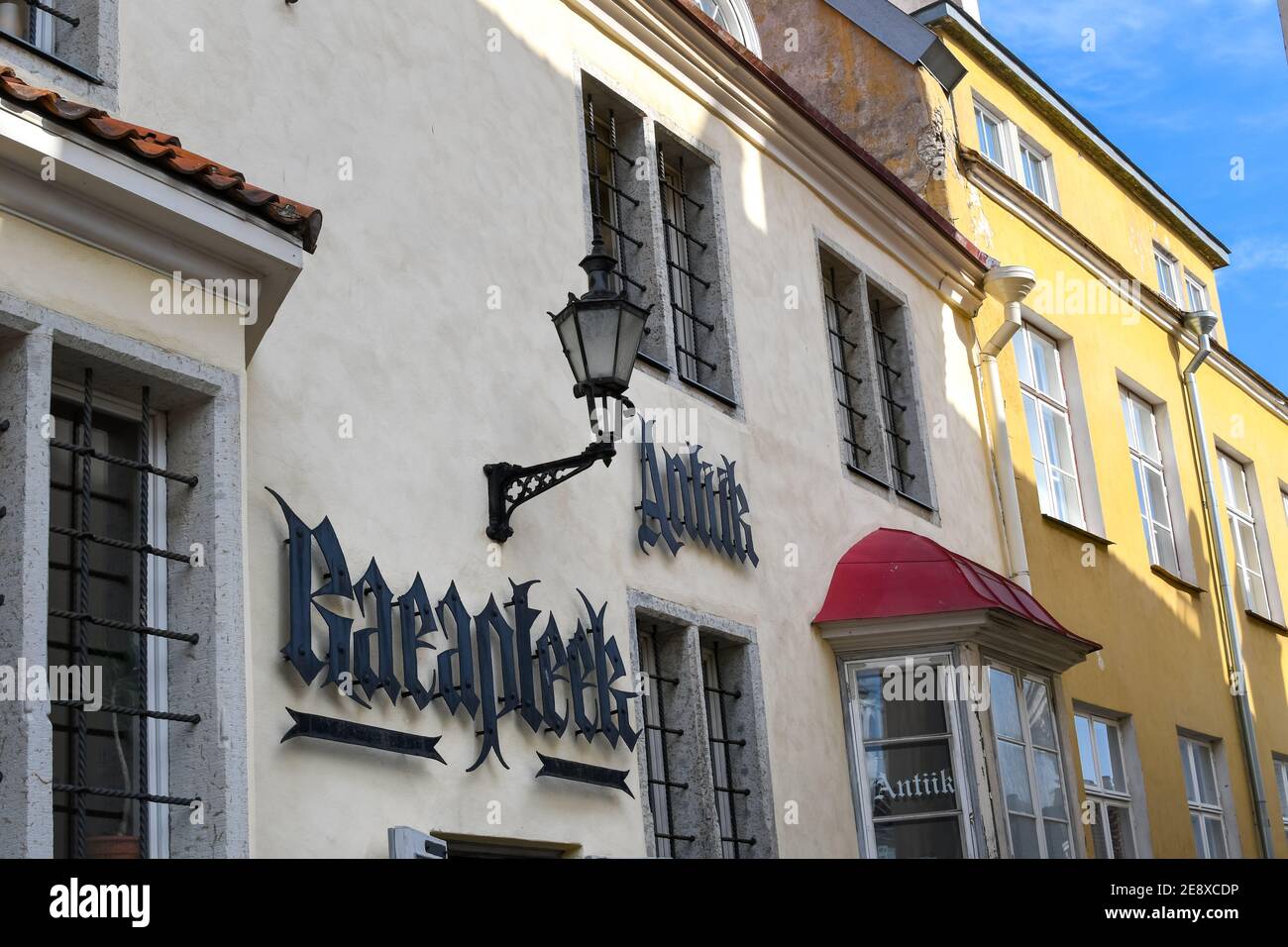 The facade of Raeapteek, one of the oldest continuously running pharmacies in Europe located in the Old Town of the Baltic city of Tallinn Estonia Stock Photo
