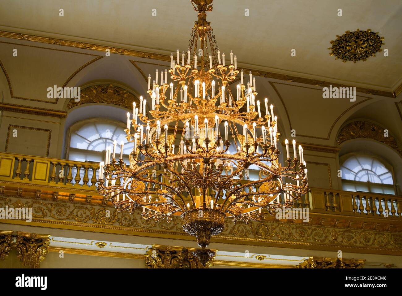 An ornate chandelier hangs in the Hermitage museum in St Petersburg, Russia. Stock Photo