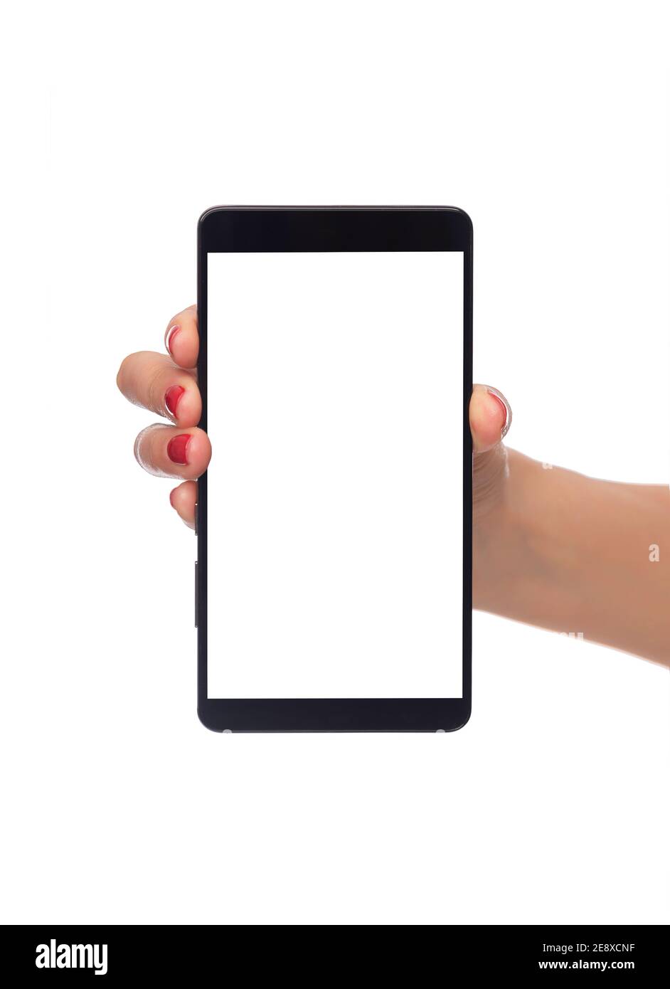 Smartphone with a white screen in a female hand isolated on a white