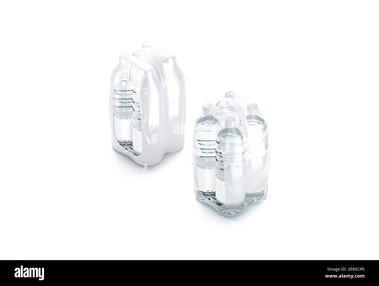 Blank transparent plastic bottle in pack with handle mockup set, 3d rendering. Empty matte and translucent shrink package for liter bottled mock up, i Stock Photo