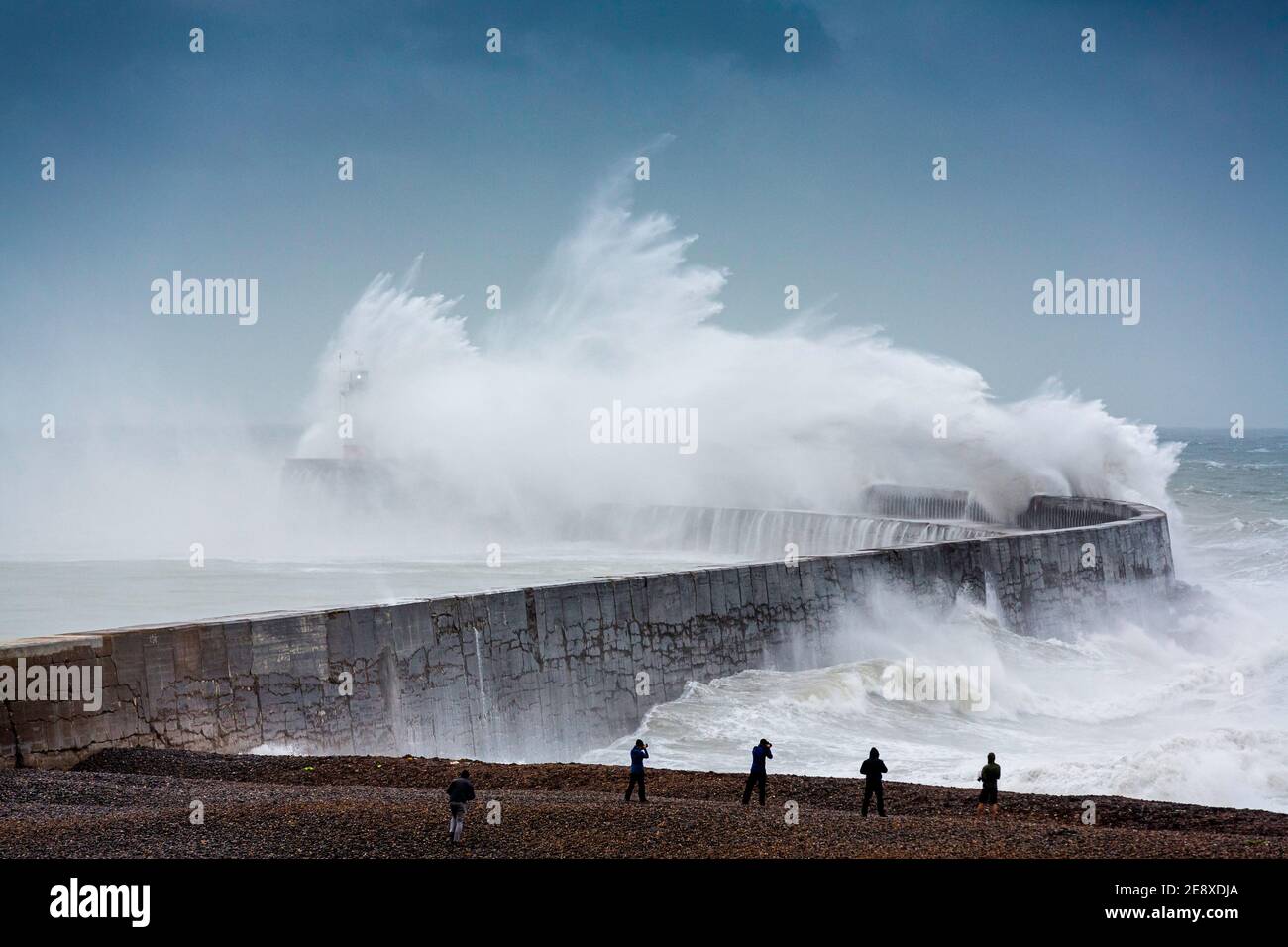 Enormous waves crash over the sea wall at Newhaven, East Sussex. Picture date Saturday 10th August, 2019. Picture by Christopher Ison. Stock Photo