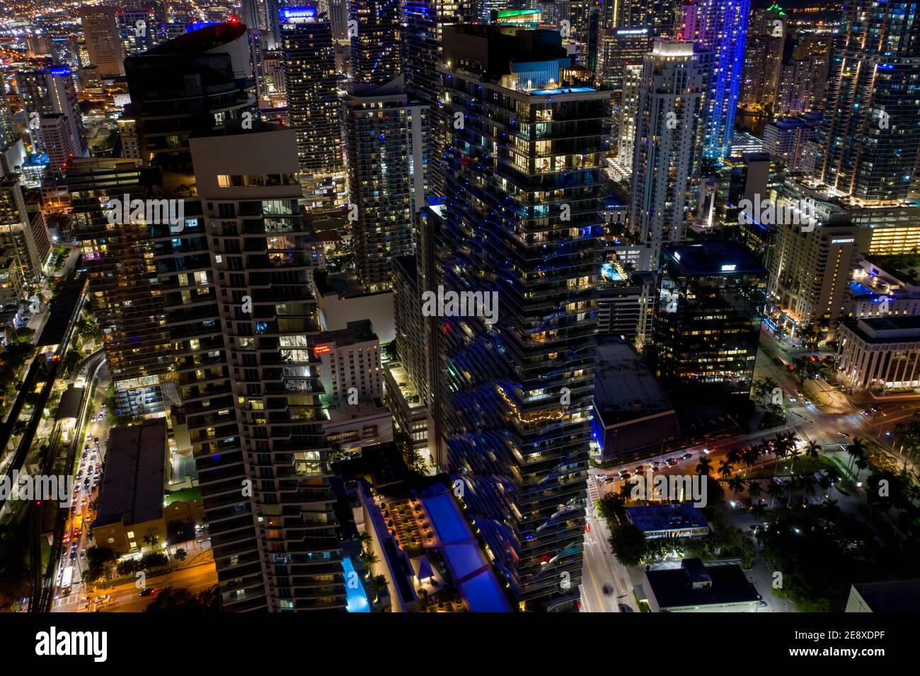 Aerial night photo Brickell Miami city lights Stock Photo