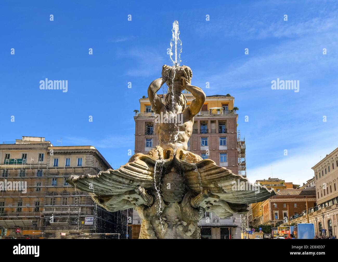 Close up of the Triton Fountain in the Piazza Barberini, by Gian Lorenzo Bernini, a masterpiece of Baroque sculpture in the historic center of Rome. Stock Photo