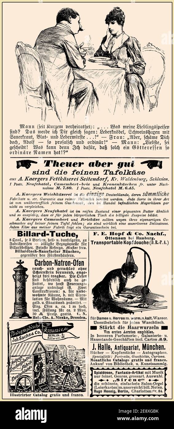 Commercial magazine advertising page in German with many promotion banners,vignettes and caricatures; dated 1891 Stock Photo